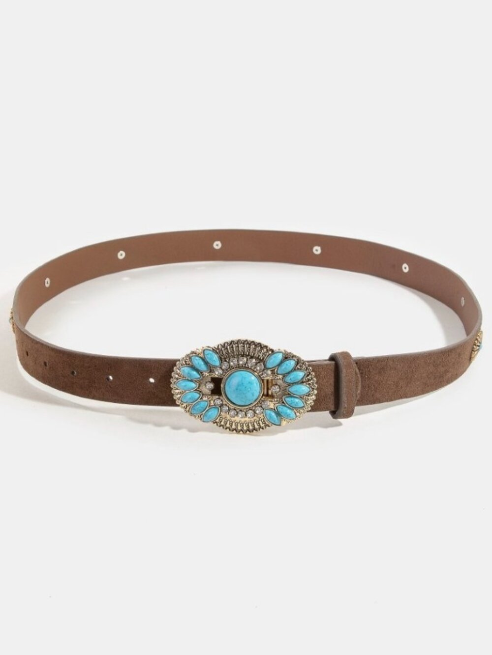 NWT Turquoise Rhinestone Floral Gold Concho Buckle Western Belt – Cognac Brown - Picture 3 of 3
